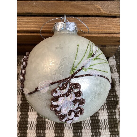 Beautiful White Glittery Christmas Large Glass Ball Ornament With Pine Cones - Picture 3 of 12